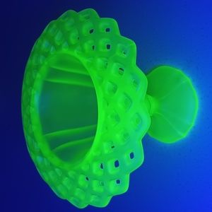VTG 30s Uranium Glass Tiffin Satin Emerald Green Open Lace Work Compote Comport